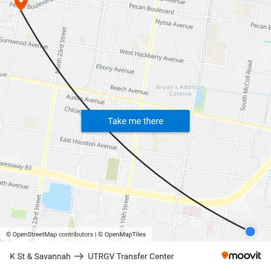 K St & Savannah to UTRGV Transfer Center map