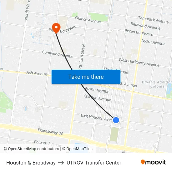 Houston & Broadway to UTRGV Transfer Center map