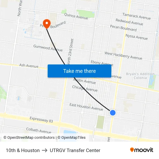 10th & Houston to UTRGV Transfer Center map
