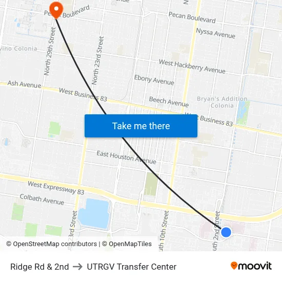 Ridge Rd & 2nd to UTRGV Transfer Center map
