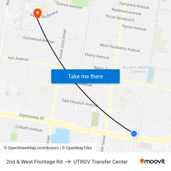 2nd & West Frontage Rd to UTRGV Transfer Center map