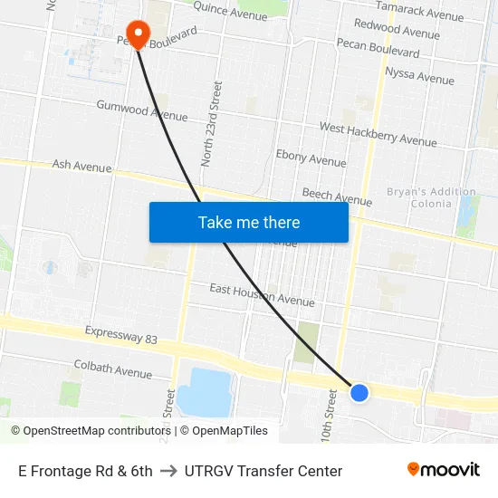 E Frontage Rd & 6th to UTRGV Transfer Center map