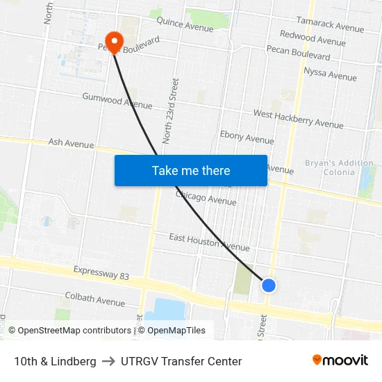 10th & Lindberg to UTRGV Transfer Center map