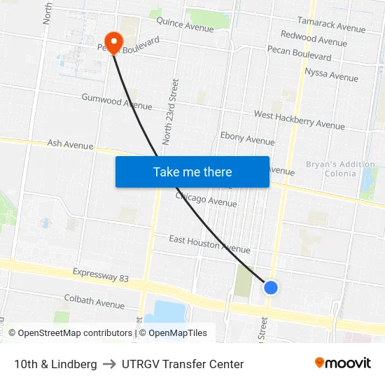 10th & Lindberg to UTRGV Transfer Center map