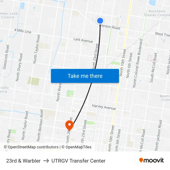 23rd & Warbler to UTRGV Transfer Center map