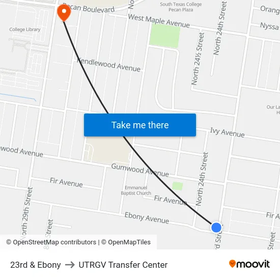23rd & Ebony to UTRGV Transfer Center map