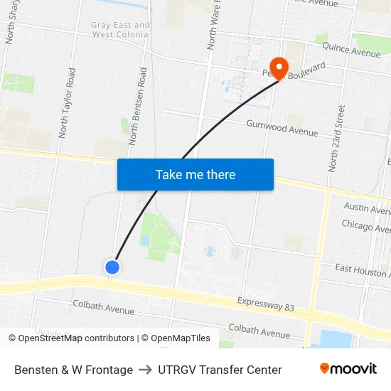 Bensten & W Frontage to UTRGV Transfer Center map