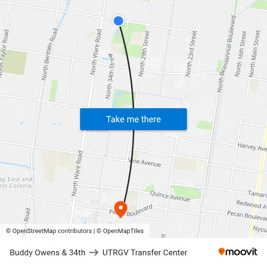 Buddy Owens & 34th to UTRGV Transfer Center map