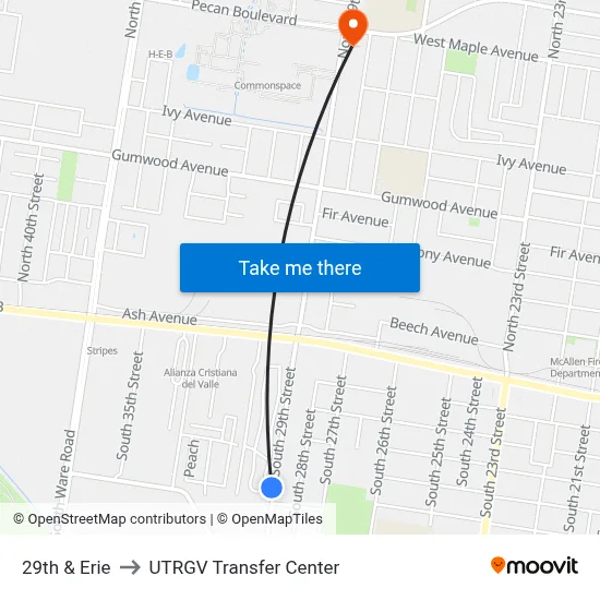 29th & Erie to UTRGV Transfer Center map