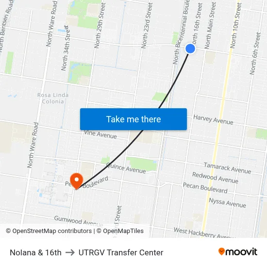 Nolana & 16th to UTRGV Transfer Center map