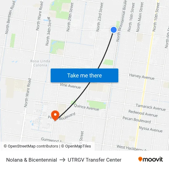 Nolana & Bicentennial to UTRGV Transfer Center map