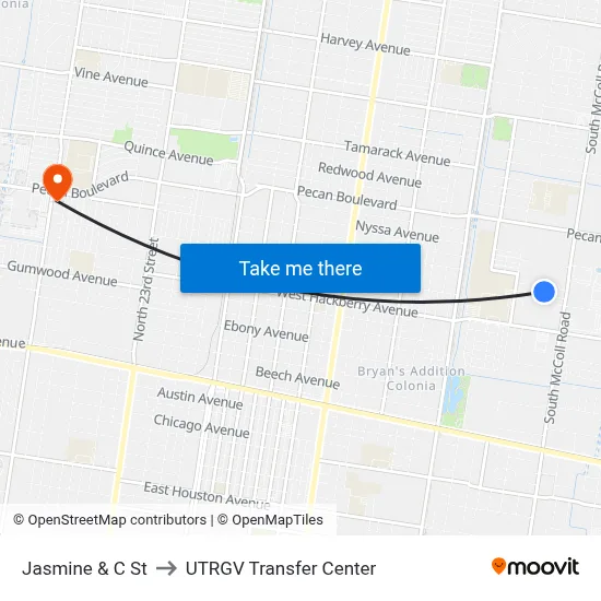 Jasmine & C St to UTRGV Transfer Center map