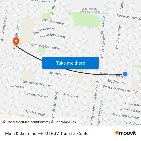 Main & Jasmine to UTRGV Transfer Center map
