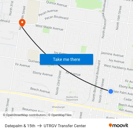 Datepalm & 15th to UTRGV Transfer Center map