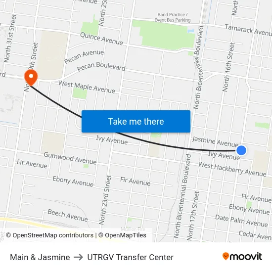 Main & Jasmine to UTRGV Transfer Center map