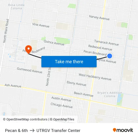 Pecan & 6th to UTRGV Transfer Center map