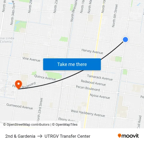 2nd & Gardenia to UTRGV Transfer Center map