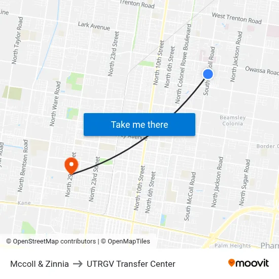 Mccoll & Zinnia to UTRGV Transfer Center map