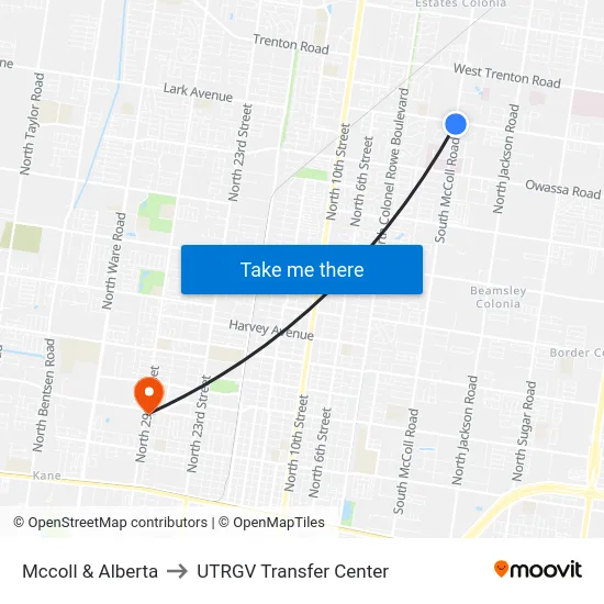 Mccoll & Alberta to UTRGV Transfer Center map