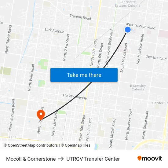 Mccoll & Cornerstone to UTRGV Transfer Center map