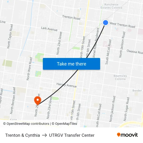 Trenton & Cynthia to UTRGV Transfer Center map