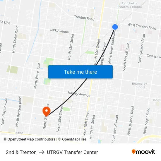 2nd & Trenton to UTRGV Transfer Center map