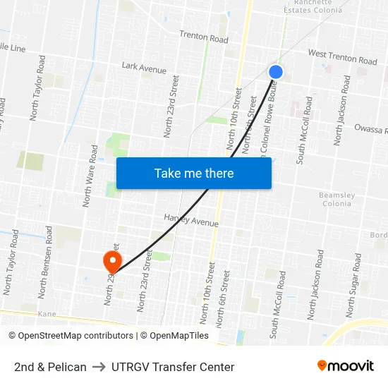 2nd & Pelican to UTRGV Transfer Center map