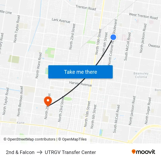 2nd & Falcon to UTRGV Transfer Center map