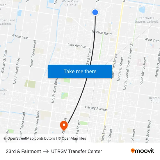 23rd & Fairmont to UTRGV Transfer Center map