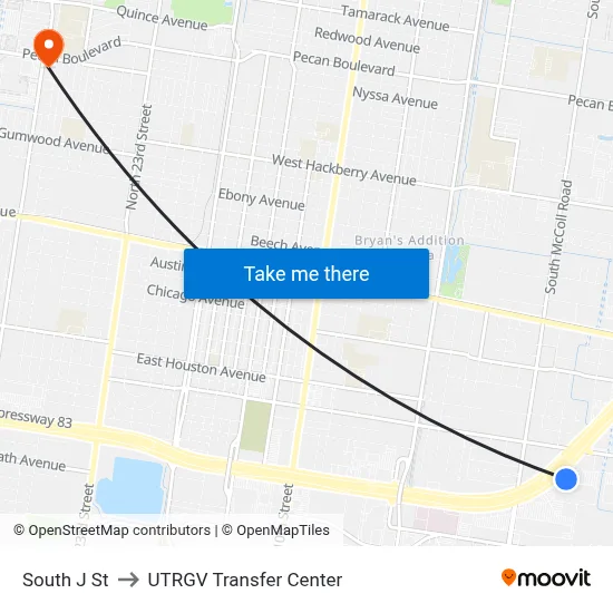 South J St to UTRGV Transfer Center map