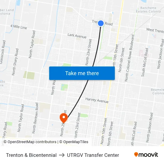 Trenton & Bicentennial to UTRGV Transfer Center map