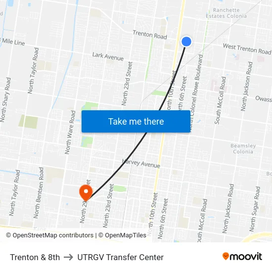 Trenton & 8th to UTRGV Transfer Center map