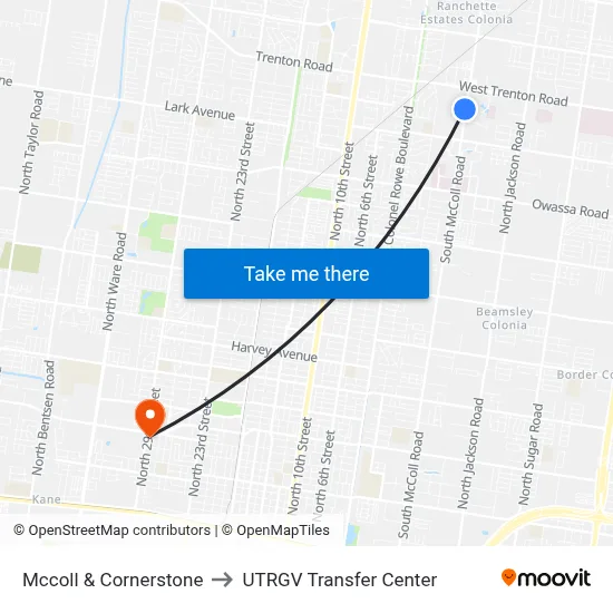 Mccoll & Cornerstone to UTRGV Transfer Center map