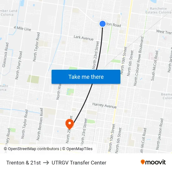 Trenton & 21st to UTRGV Transfer Center map