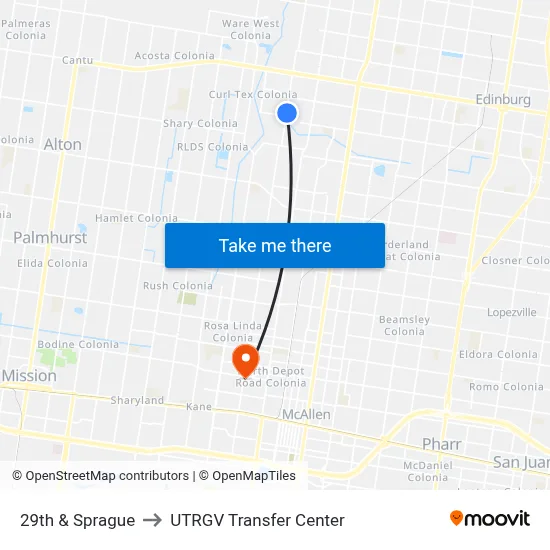 29th & Sprague to UTRGV Transfer Center map