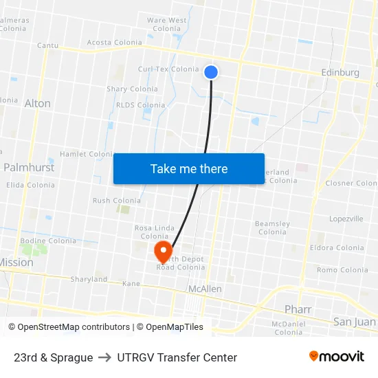 23rd & Sprague to UTRGV Transfer Center map