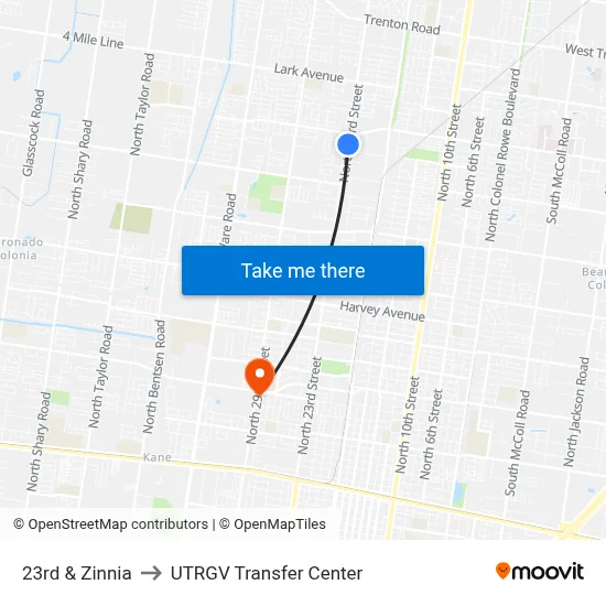 23rd & Zinnia to UTRGV Transfer Center map