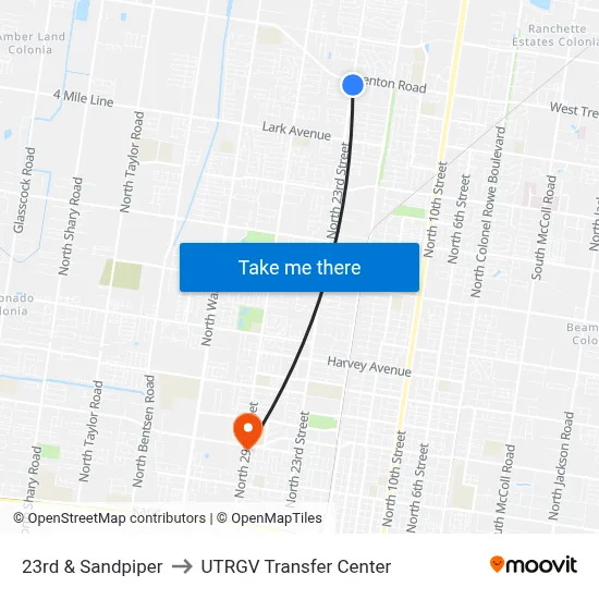 23rd & Sandpiper to UTRGV Transfer Center map