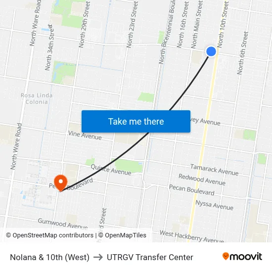 Nolana & 10th (West) to UTRGV Transfer Center map