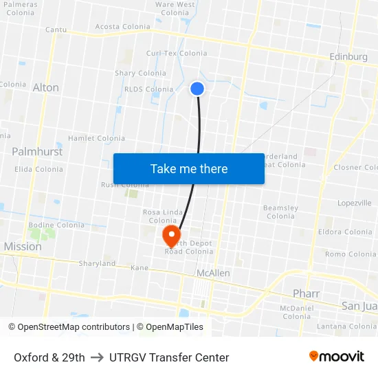 Oxford & 29th to UTRGV Transfer Center map