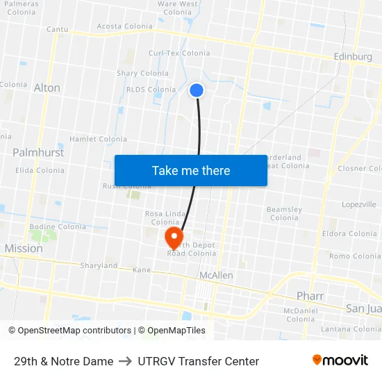 29th & Notre Dame to UTRGV Transfer Center map