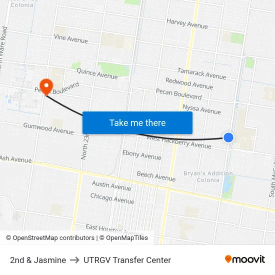 2nd & Jasmine to UTRGV Transfer Center map