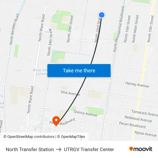 North Transfer Station to UTRGV Transfer Center map