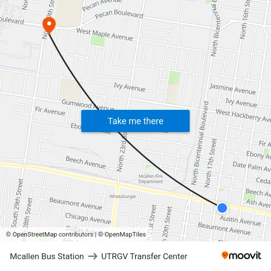 Mcallen Bus Station to UTRGV Transfer Center map
