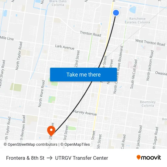 Frontera & 8th St to UTRGV Transfer Center map