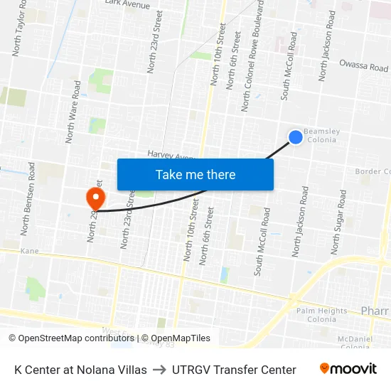 K Center at Nolana Villas to UTRGV Transfer Center map