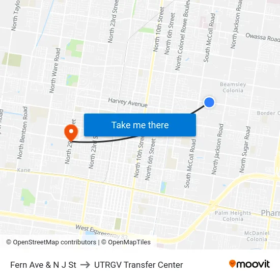 Fern Ave & N J St to UTRGV Transfer Center map