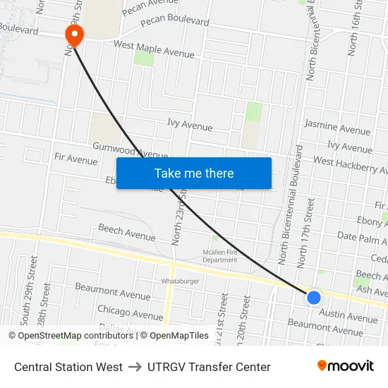 Central Station West to UTRGV Transfer Center map