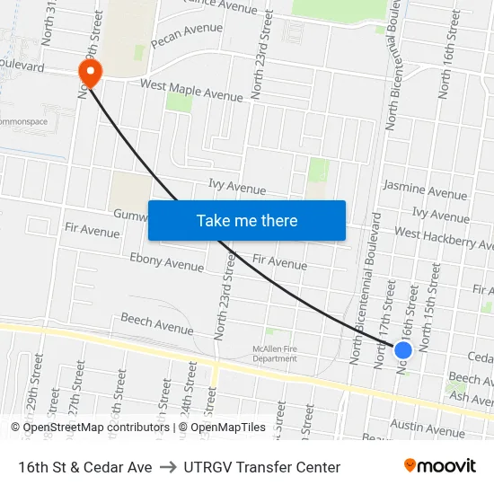 16th St & Cedar Ave to UTRGV Transfer Center map