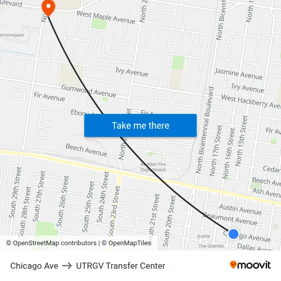 Chicago Ave to UTRGV Transfer Center map